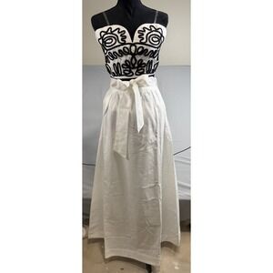 Valentine Linen Embroidered Cropped Top & Maxi Skirt Set- L White Black Beach